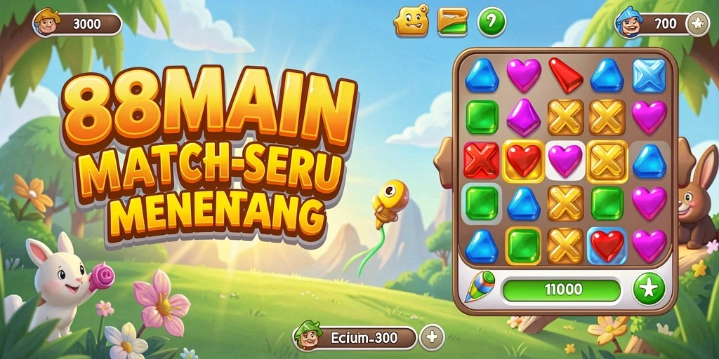 Tampilan gameplay 88MAIN dengan permata berwarna-warni dan tantangan menarik.