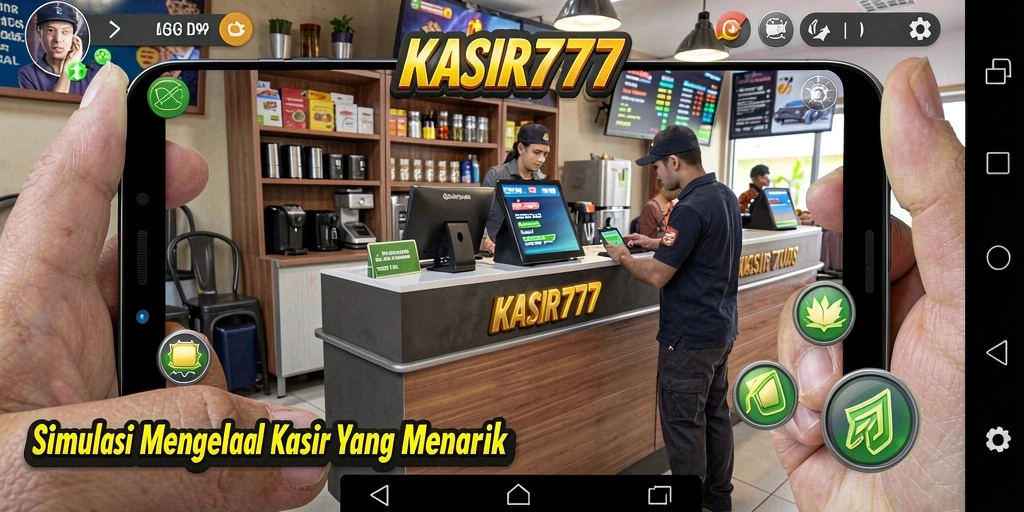 Tampilan gameplay KASIR777 dengan interaksi kasir dan pelanggan.