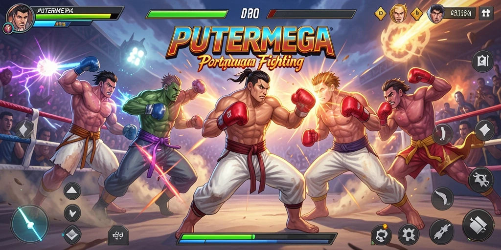 Screenshot utama PUTERMEGA menampilkan pertarungan seru dengan karakter khas.