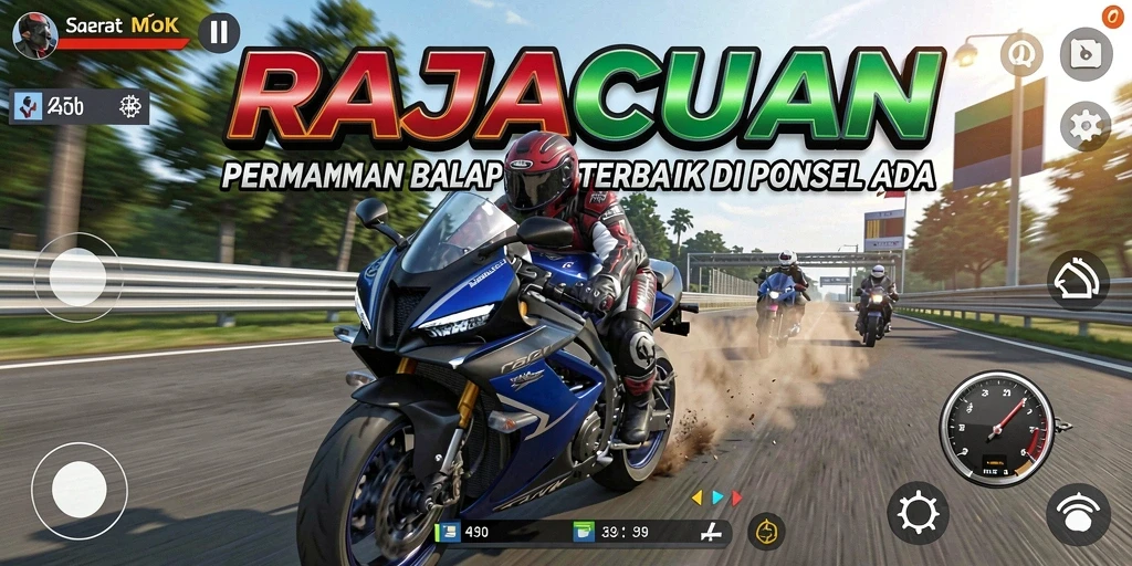 Tampilan gameplay mendebarkan dari RAJACUAN dalam balapan motor.