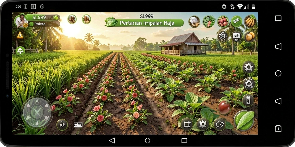 Tangkapan layar gameplay SL999 yang menampilkan kebun yang subur dan aktif.